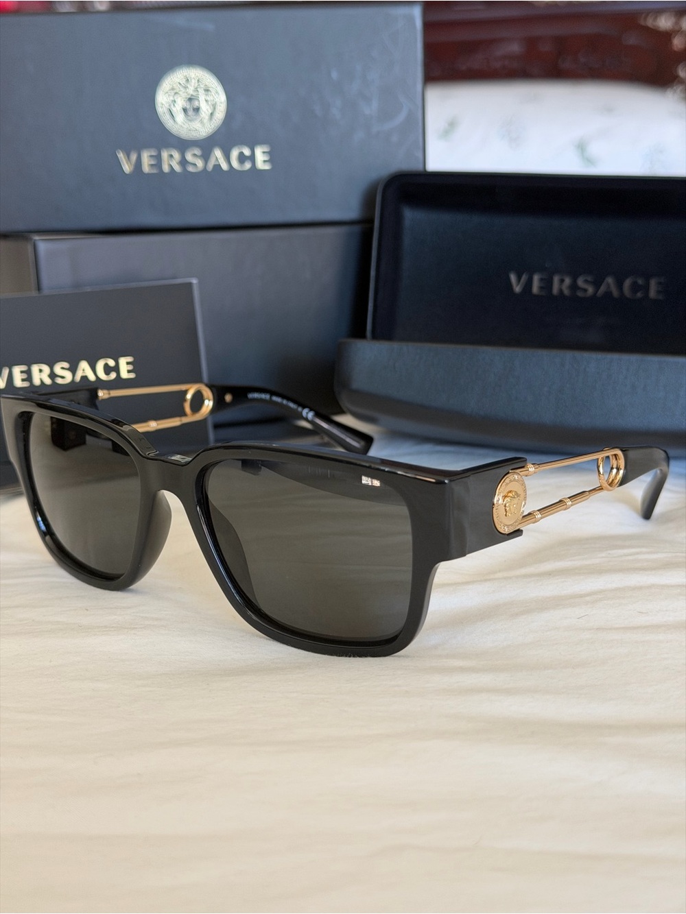 Versace Black Sunglasses with Gold Pin Accent